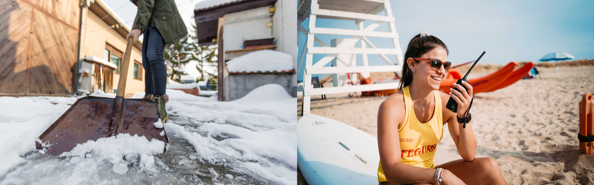 Eine Collage aus zwei Bildern – links eine Person beim Schneeschippen, rechts eine lächelnde junge Rettungsschwimmerin mit Funkgerät