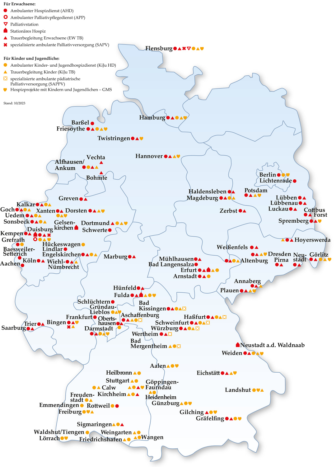 Deutschlandkarte mit den Einrichtungen und Diensten der Malteser Hospizarbeit