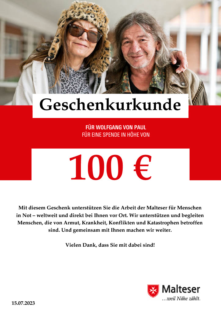 Beispiel-Urkunde für eine Geschenkspende über 100 € von Paul für Wolfgang