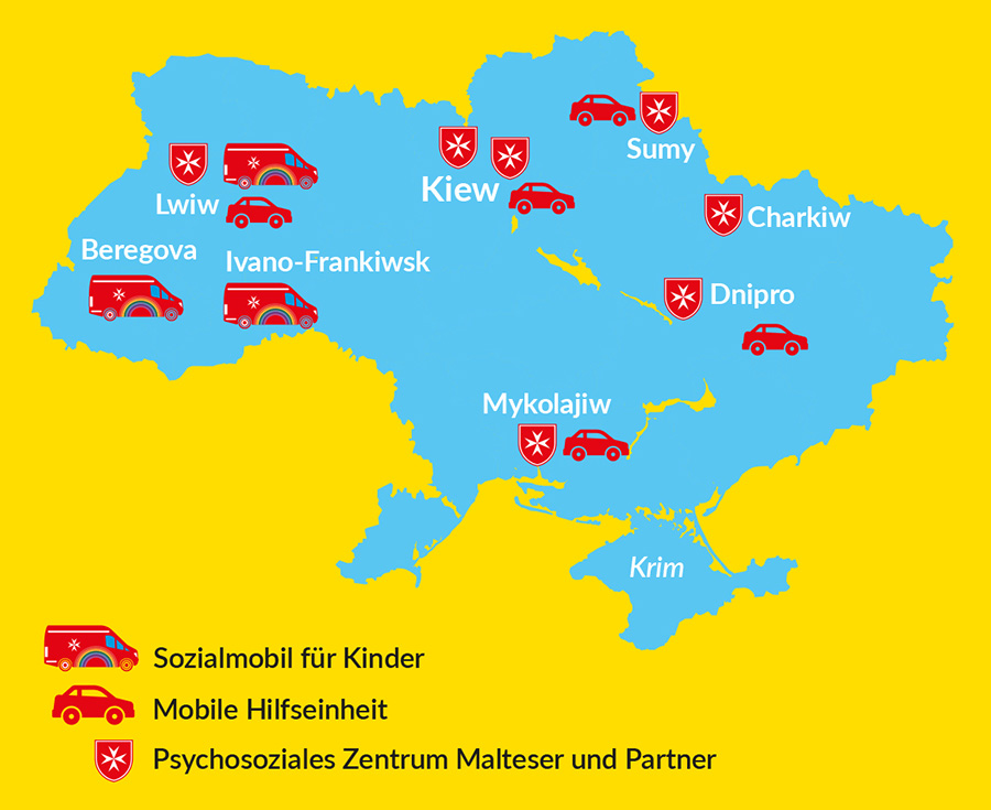Karte der Ukraine mit den Diensten der Malteser