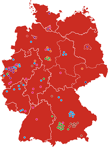Karte von Deutschland, auf der die einzelnen Standorte der Hilfeleistungen markiert sind