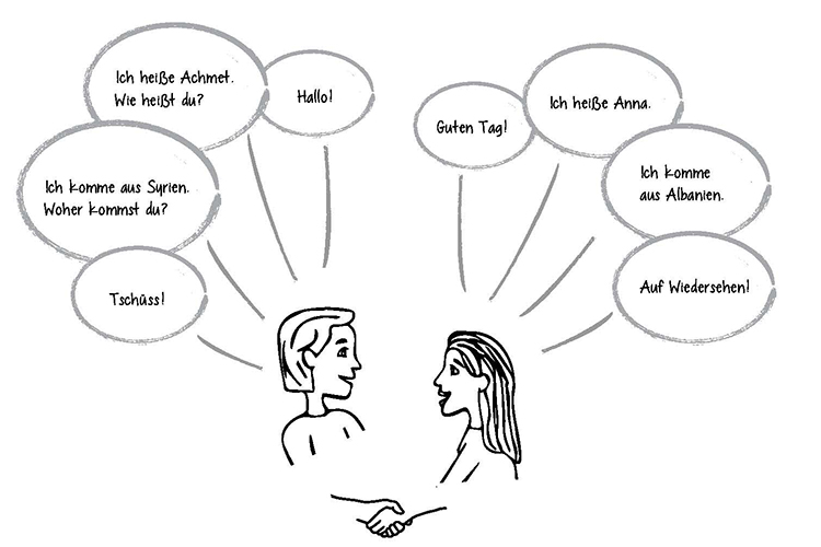Zeichnung einer Frau und eines Mannes im Gespräch.