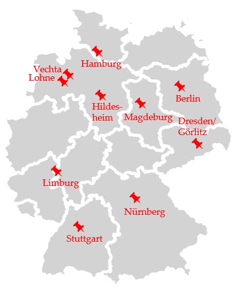 Eine Deutschlandkarte mit roten Markierungen.