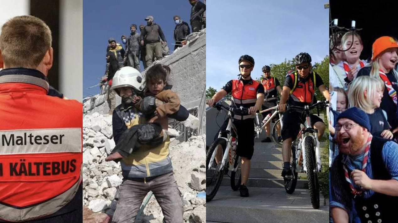 Eine Bildercollage zeigt das Team Kältebus der Malteser, eine Bergung nach einem Erdbeben, eine Fahrradstaffel und Kinder auf der Wilden Wiese der Malteser.