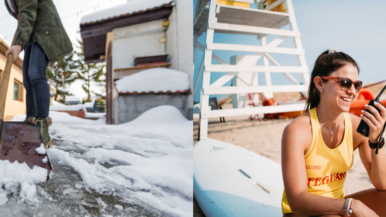 Eine Collage aus zwei Bildern – links eine Person beim Schneeschippen, rechts eine lächelnde junge Rettungsschwimmerin mit Funkgerät