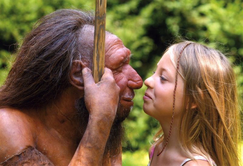 Mädchen neben Figur vom Neandertaler
