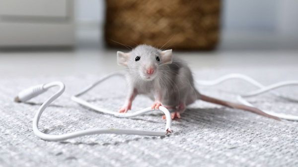 Eine Maus mit einem angeknabberten Kabel.