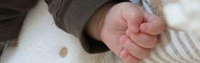 Zu sehen ist als Symbol die Hand eines Babys.