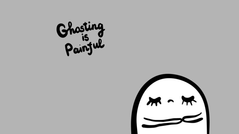 Zeichnung eines kleinen Geistes mit dem Schriftzug „Ghosting is Painful“
