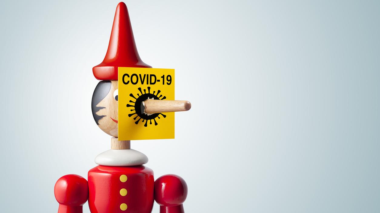 Pinocchio-Puppe durchsticht einen Zettel mit Covid-19-Aufschrift mit der Nase