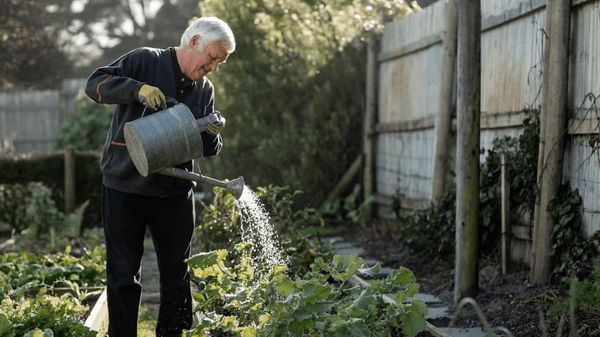 Älterer Herr hat Spaß an der Arbeit im Garten.